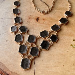 Ali Khan New York Black Faux Leather Like Gold Hexagon Statement Necklace